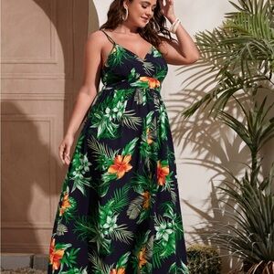 Women’s Floral Maxi Sun Dress in Black with Green and Orange Accents - Size XL